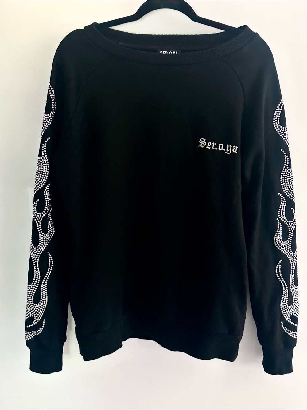 SER.O.YA Black Rhinestone Flame Sleeve Crewneck Sweatshirt